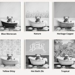 Black & White Grey French Bulldog in A Bath Print, Bathing, Funny Bathroom Animal Bathtub, Dog Tub Print, Whimsy - thumbnail 3