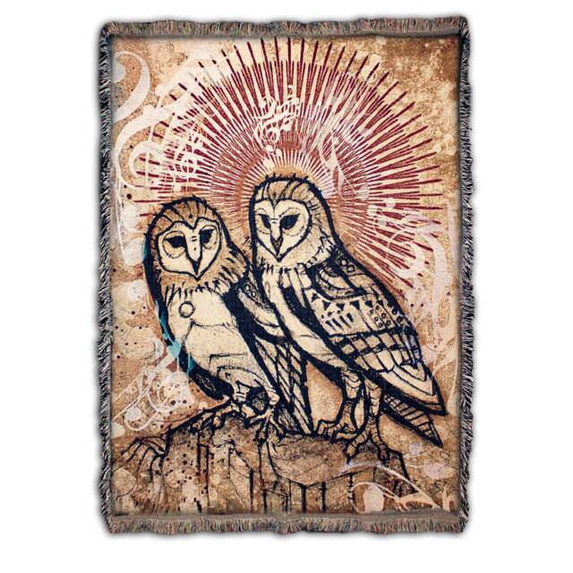 Twins - Woven Cotton Blanket Barn Owls Illustration Art By Simon Haiduk
