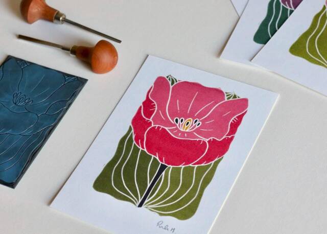 Linocut Tulip Art Print Deep Pink Spring Flower On Cotton Paper - image 1