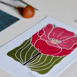 Linocut Tulip Art Print Deep Pink Spring Flower On Cotton Paper - thumbnail 3