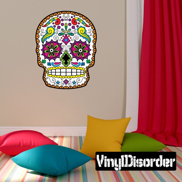 Sugar Skull Wall Decal - Fabric Vinyl Removable & Reusable Sugarskulluscolor045Et