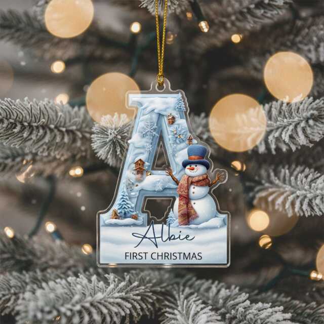 Baby's First Christmas Ornament - Personalised Initial Acrylic Decoration With Name & Snowman, Custom Baby Boy Gift Keepsake 2025 - image 1