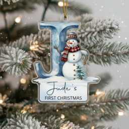 Baby's First Christmas Ornament - Personalised Initial Acrylic Decoration With Name & Snowman, Custom Baby Boy Gift Keepsake 2025 - thumbnail 2