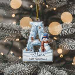 Baby's First Christmas Ornament - Personalised Initial Acrylic Decoration With Name & Snowman, Custom Baby Boy Gift Keepsake 2025 - thumbnail 1