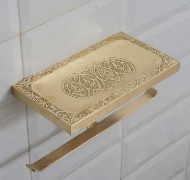 Solid Brass Shelf With Tp Holder, Engraved Floating Double Hooks, Bathroom Toilet Paper Holder - image 1