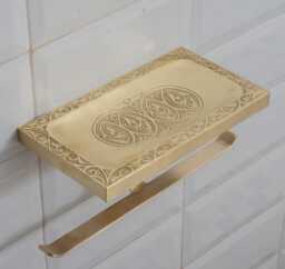 Solid Brass Shelf With Tp Holder, Engraved Floating Double Hooks, Bathroom Toilet Paper Holder