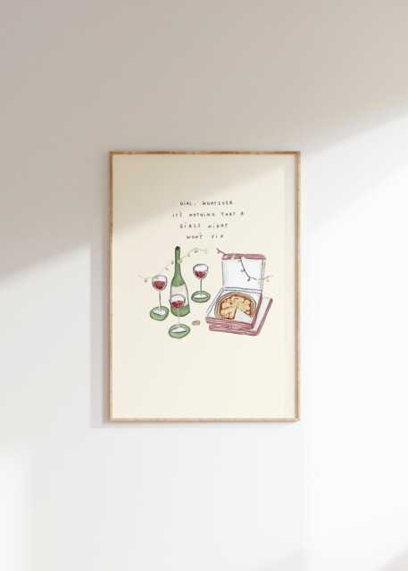 Nothing A Girls Night Won't Fix Wall Print - Girl Whatever Poster Pizza, Wine Lover in I'm Just Aesthetic - image 1