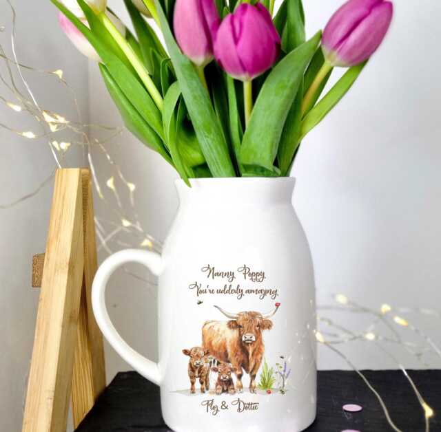 Personalised Highland Cow Ceramic Vase, Mothers Day Gift, Nanny Gifts, Gifts For Her, Grandma Flower Nana Custom - image 1