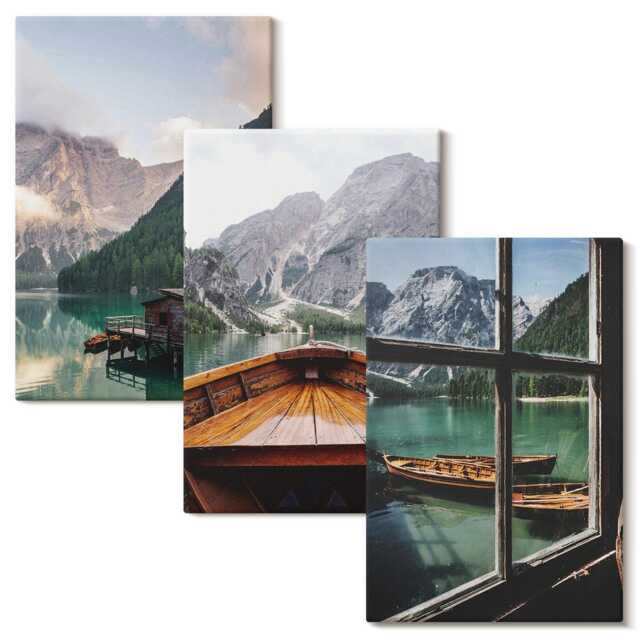 Canvas Wall Art Set Of 3 - Mountain Lake With A Boat & Wooden Houses, Green Large Art, Landscapes Hanging Piece - image 1