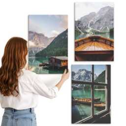 Canvas Wall Art Set Of 3 - Mountain Lake With A Boat & Wooden Houses, Green Large Art, Landscapes Hanging Piece - thumbnail 2