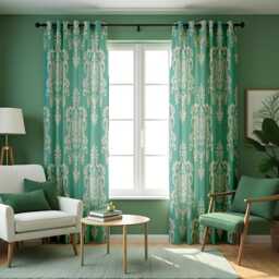 Green Damask Curtains, Classic Pattern Drapes, Custom Made Window Panels For Living Room, Bedroom Or Dining Room - thumbnail 1