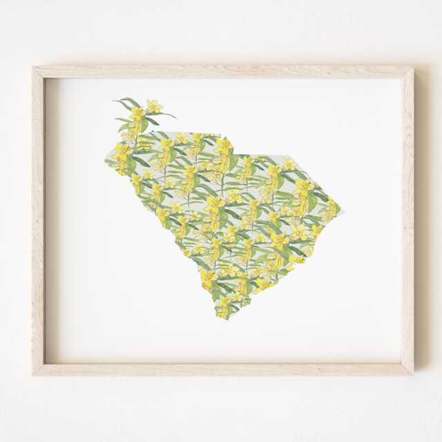South Carolina State Flower Map Watercolor Yellow Jessamine - Art Print Floral Mothers Day Gift Wall Grad Wedding Realtor Moving - image 1