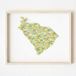 South Carolina State Flower Map Watercolor Yellow Jessamine - Art Print Floral Mothers Day Gift Wall Grad Wedding Realtor Moving - thumbnail 1
