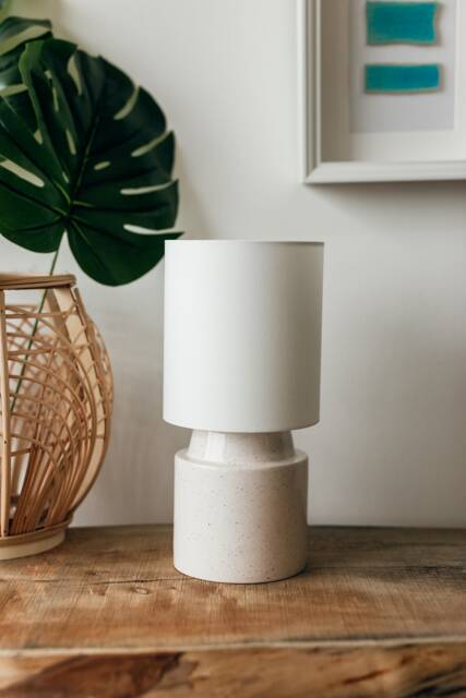 Round White - Pyrite Stone Handpainted Ceramic Table Lamp With Fabric Shade - image 1