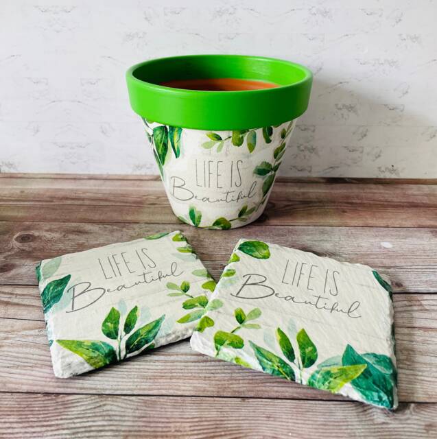Nature Plant Pot & Natural Coasters Decor Life Is Beautiful Positive Gifts Decorations - image 1
