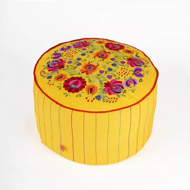Matyo - Embroidered Boho Pouf Cover, Yellow With Multicolour Rose Embroidery Ottoman Cover - image 1