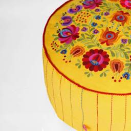 Matyo - Embroidered Boho Pouf Cover, Yellow With Multicolour Rose Embroidery Ottoman Cover - thumbnail 2