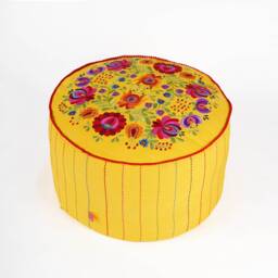 Matyo - Embroidered Boho Pouf Cover, Yellow With Multicolour Rose Embroidery Ottoman Cover