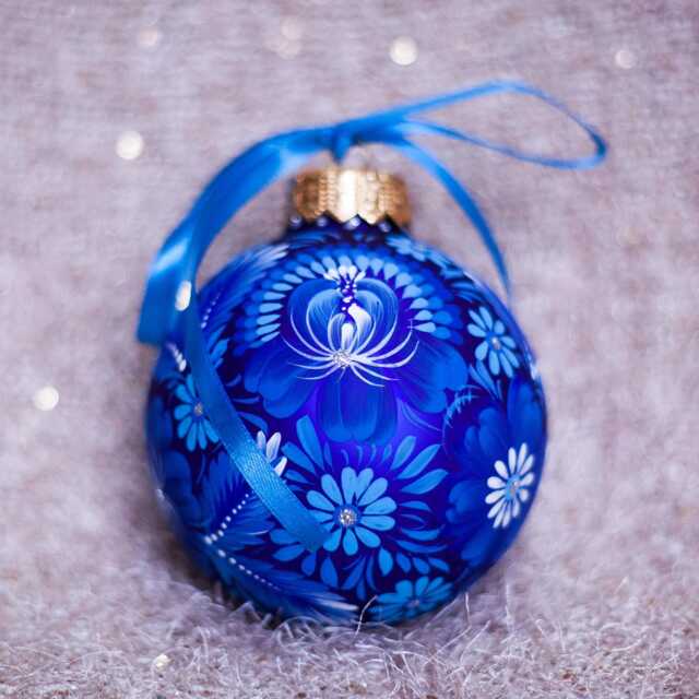 Custom Personalized Blue Xmas Ornament, Ukrainian Hand Painted Christmas Tree Bauble, Large Glass Decor With Free Wooden Gift Box - image 1