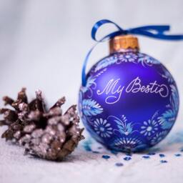 Custom Personalized Blue Xmas Ornament, Ukrainian Hand Painted Christmas Tree Bauble, Large Glass Decor With Free Wooden Gift Box - thumbnail 3