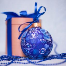 Custom Personalized Blue Xmas Ornament, Ukrainian Hand Painted Christmas Tree Bauble, Large Glass Decor With Free Wooden Gift Box - thumbnail 2
