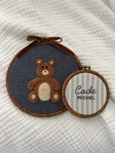 Custom Teddy Bear Nursery Name Hoop Set - Needle Felted Baby Gift Personalized Wall Art For Boys Newborn Keepsake Decor - image 1