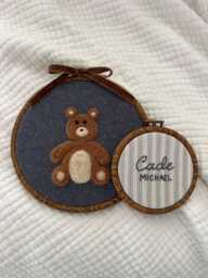 Custom Teddy Bear Nursery Name Hoop Set - Needle Felted Baby Gift Personalized Wall Art For Boys Newborn Keepsake Decor - thumbnail 1
