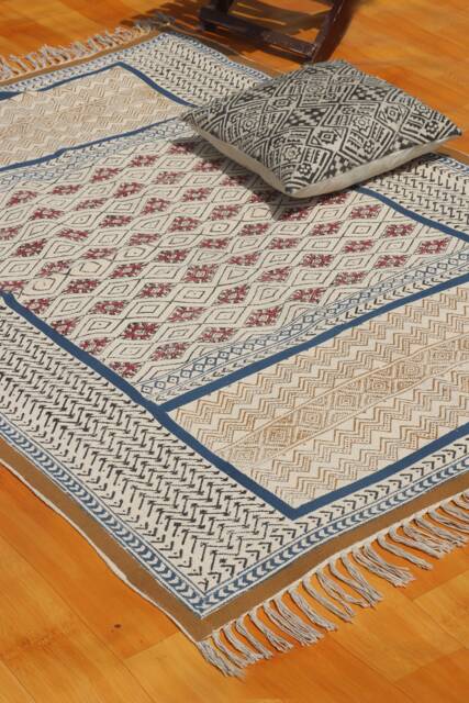 Handmade Block Printed Cotton Rug - Kilim Dhurrie, Eco-Friendly Carpet For Hallway & Corridor - image 1