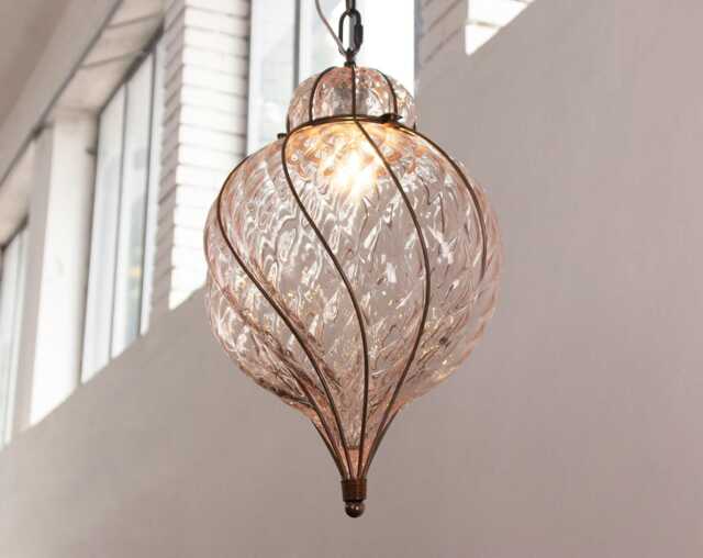 Hanging Lantern Murano Glass - Pink Hand-Blown Italy Decorative Pendant Light - image 1