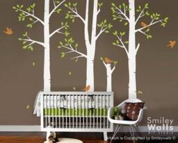 Spring Trees & Birds Vinyl Wall Decal, Birch Nursery Kids Sticker Baby Room Decor Wall Decal - thumbnail 1