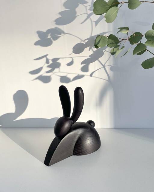 Black Oak Wood Rabbit Figurine Scandinavian Desk Decor - 7.5 Inch - image 1