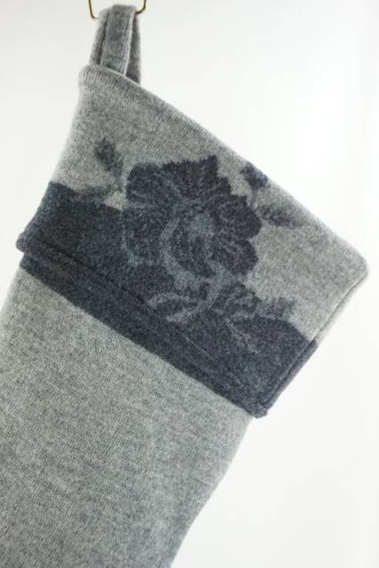 Christmas Stocking Felted Wool Felt Grey Charcoal Flowers Floral Recycled Repurposed Upcycled 092 - image 1