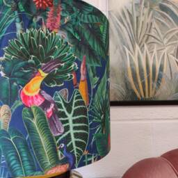 Blue Tropical Parrots Lampshade in Velvet With Silver Lining - thumbnail 3
