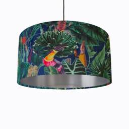 Blue Tropical Parrots Lampshade in Velvet With Silver Lining