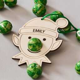 Personalized Christmas Elf Ornament - Wooden Decoration With Chocolate Noses - thumbnail 3