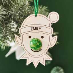 Personalized Christmas Elf Ornament - Wooden Decoration With Chocolate Noses