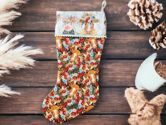 Farm Friends Christmas Stocking Cow & Floral Print, 100% Cotton - image 1