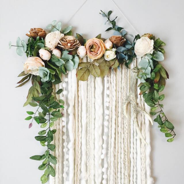 Floral Fiber Art Wall Hanging, Neutral Blooms, Faux Antler Decor - image 1