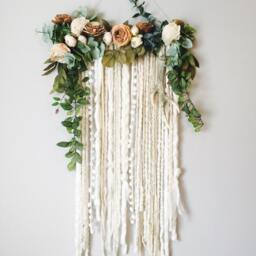 Floral Fiber Art Wall Hanging, Neutral Blooms, Faux Antler Decor - thumbnail 2