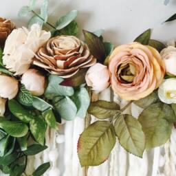 Floral Fiber Art Wall Hanging, Neutral Blooms, Faux Antler Decor - thumbnail 3