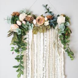 Floral Fiber Art Wall Hanging, Neutral Blooms, Faux Antler Decor - thumbnail 1