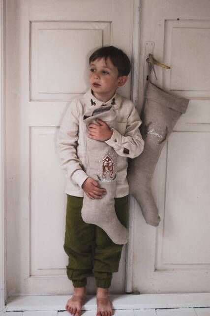 Rustic Linen Christmas Stocking, Personalized Natural Kids Stocking With Hand Embroidered Name - image 1