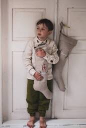 Rustic Linen Christmas Stocking, Personalized Natural Kids Stocking With Hand Embroidered Name