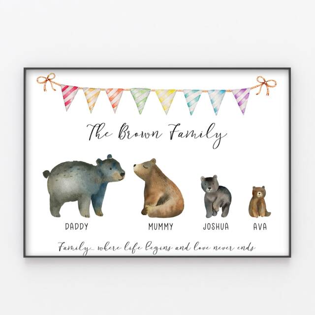 Bear Family Print Custom Quote, Personalised Bears Wall Art Gift - image 1