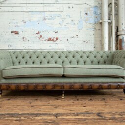 4 Seater Olive Green Chesterfield Sofa, Moon Wool Fabric & Antique Tan Leather, British Handmade - thumbnail 3