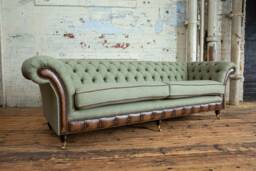 4 Seater Olive Green Chesterfield Sofa, Moon Wool Fabric & Antique Tan Leather, British Handmade - thumbnail 1
