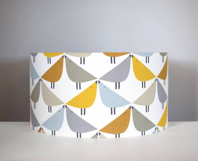 Bird Lampshade Yellow Blue Lintu, Gold Silver Or White Lining Option, Table Ceiling Lampshade, Print Pattern, Handmade By Vivid Shades - image 1