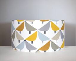 Bird Lampshade Yellow Blue Lintu, Gold Silver Or White Lining Option, Table Ceiling Lampshade, Print Pattern, Handmade By Vivid Shades