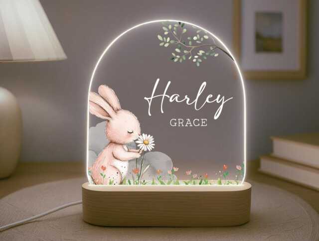 Personalised Children's Cute Bunny Night Light - Led Lamp Nursery Decor Baby Girl Gift For New Name Sign Bedroom - image 1