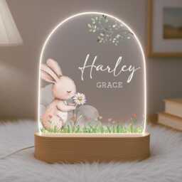 Personalised Children's Cute Bunny Night Light - Led Lamp Nursery Decor Baby Girl Gift For New Name Sign Bedroom - thumbnail 2